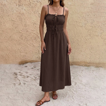 Simple Retro Solid Color Drawstring Waist Trimming Spaghetti Straps Dress
