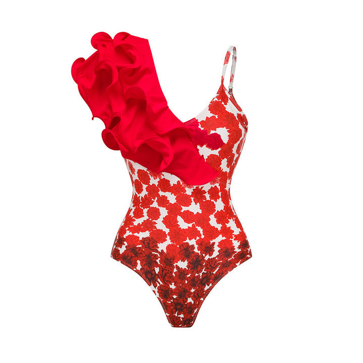 Ruffled Printed One Piece Swimsuit Women Umbrella Skirt Two Piece Sets
