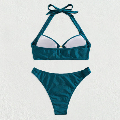 Sexy Bikini Solid Color Biniki Split Swimsuit Gold Ring Halter Swimsuit
