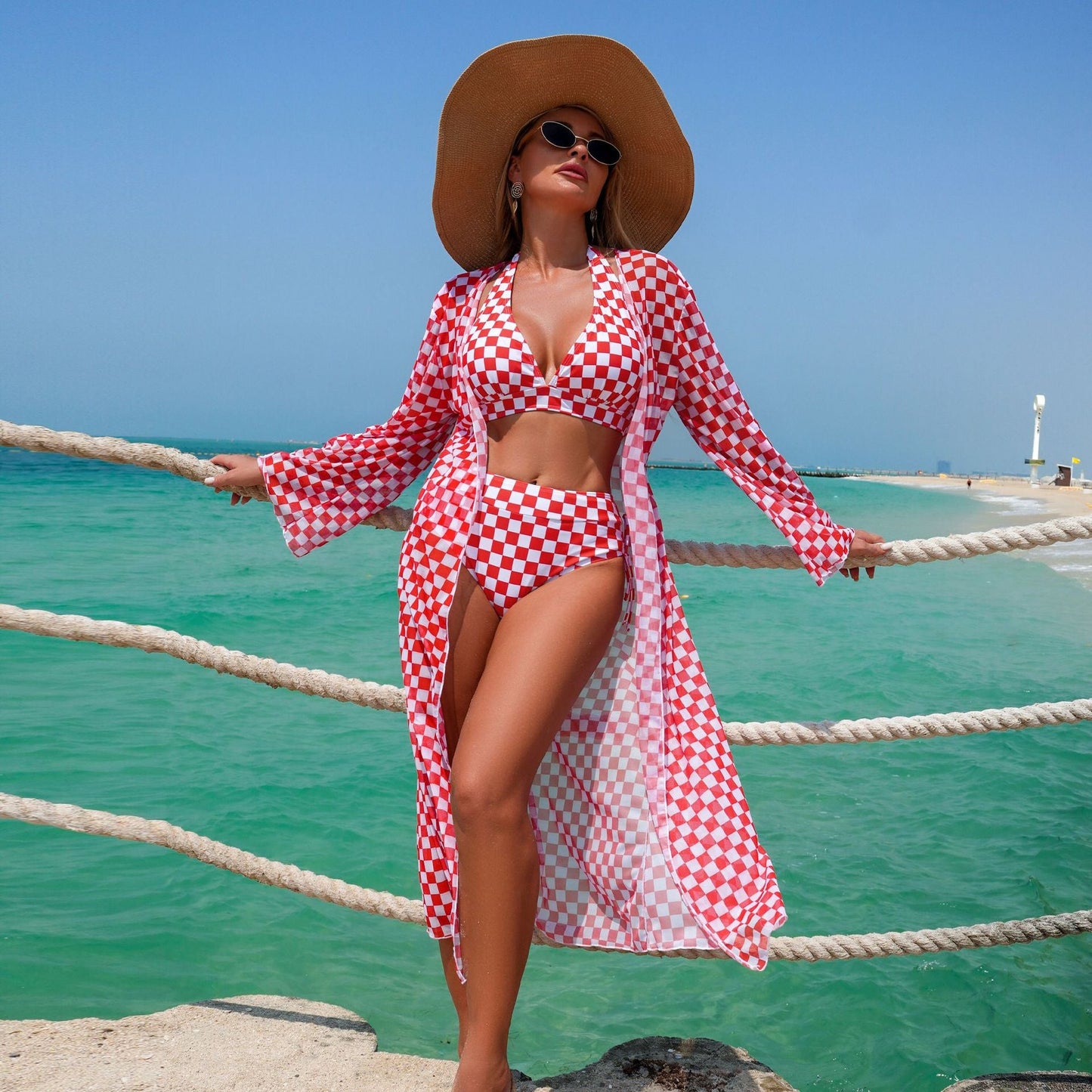 Swimsuit Women Split Three Piece Sets Leopard Print Long Sleeve Blouse Floral Bikini