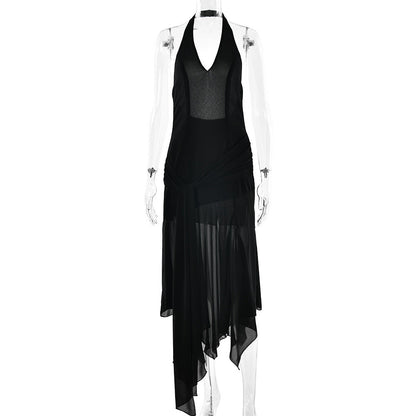 Summer Halter Chiffon See through Dress Sexy Deep V Plunge Ribbon Dress