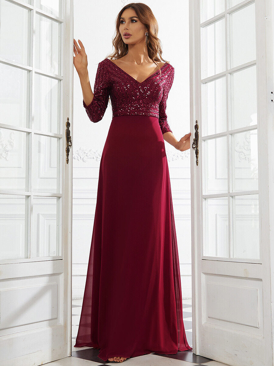 Middle East Women Chiffon Double V neck Dress A line Large Hem Sequin Stitching Evening Dress