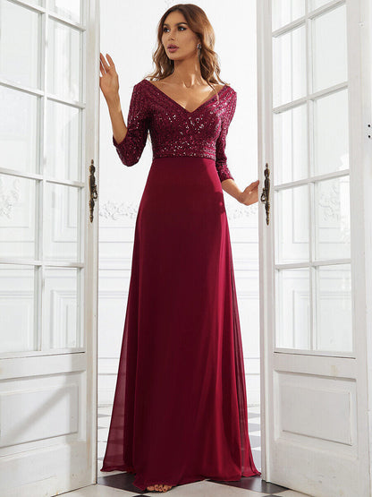 Middle East Women Chiffon Double V neck Dress A line Large Hem Sequin Stitching Evening Dress