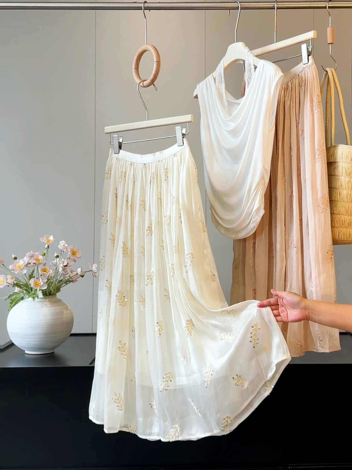 French High Grade Embroidery Sequin Streamer Yarn Women Summer Drape Fairy Cover Swing Maxi Skirt