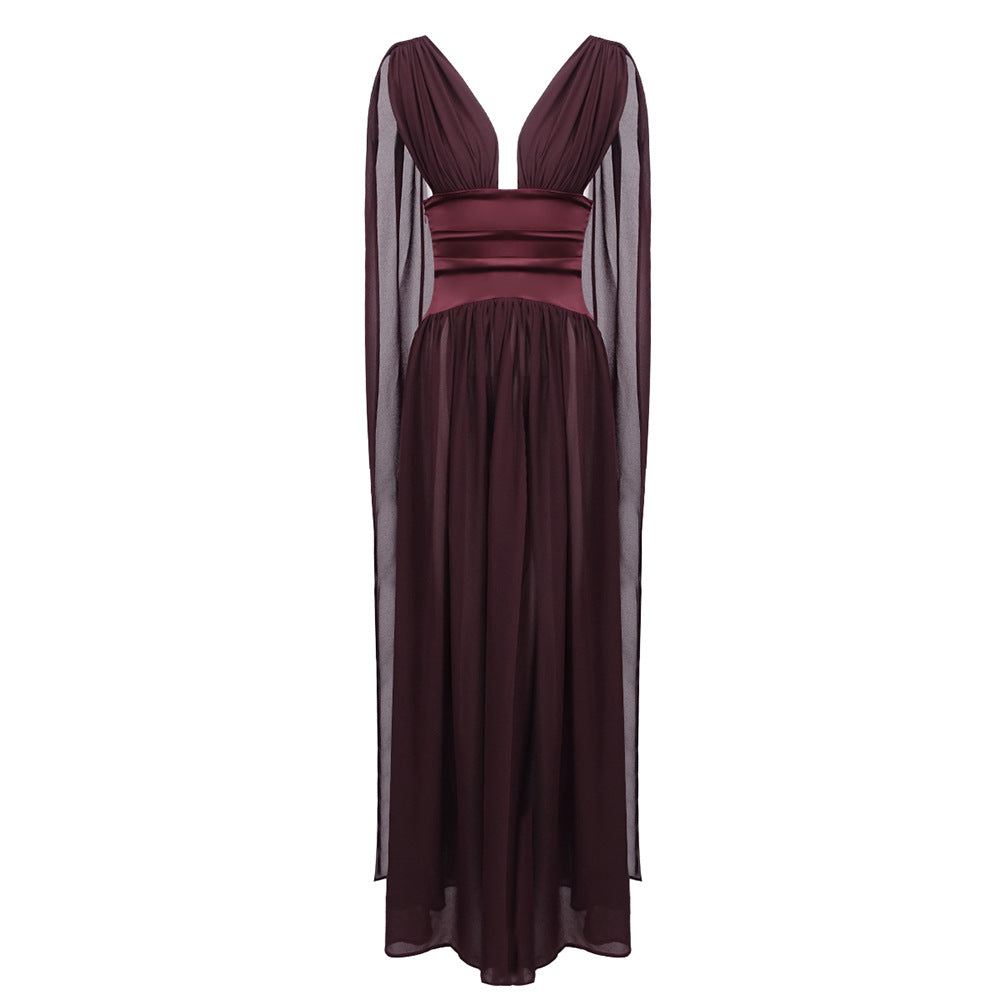 Wine Red Dress Women Summer Sleeveless Deep V Plunge Fitted High Waist Drape Chiffon Dinner Dress