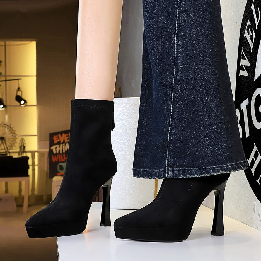 Chunky Heel High Heel Waterproof Platform Boots Women Pointed Toe Suede Stretch Single Boots Skinny Boots Nice Looking Short Boots