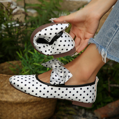 Black White Polka Dot Shallow Mouth Pumps Women Bow Mary Jane Ballet Breathable Boat Shoes