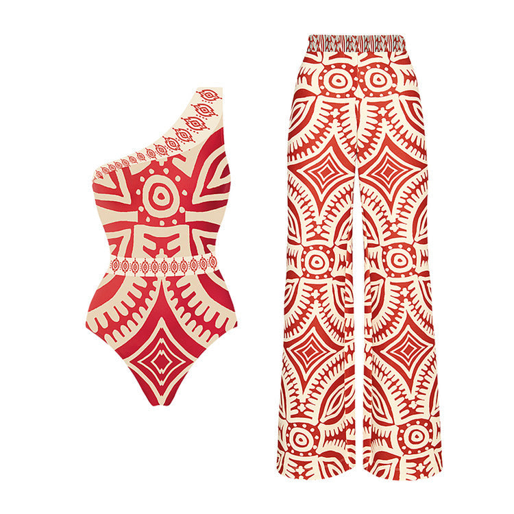 Ethnic Sexy Oblique Shoulder One Piece Swimsuit Women Beach Pants