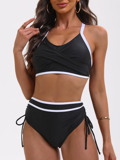 Bikini Color Matching Lace up Drawstring High Waist Sexy Split Bikini Swimsuit Women