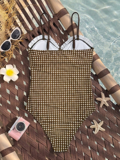 Bikini Tube Top Detachable Shoulder Strap Two Piece One Piece Plaid Printed Design Swimsuit for Women