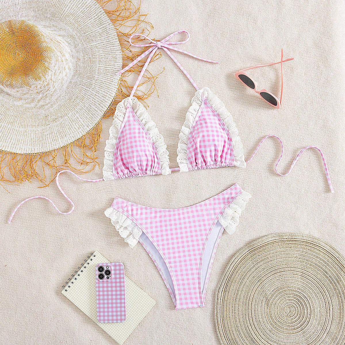 Summer Lace Plaid Halter Bikini Flounced Vacation Split Swimsuit Two Piece Sets Women Swimsuit
