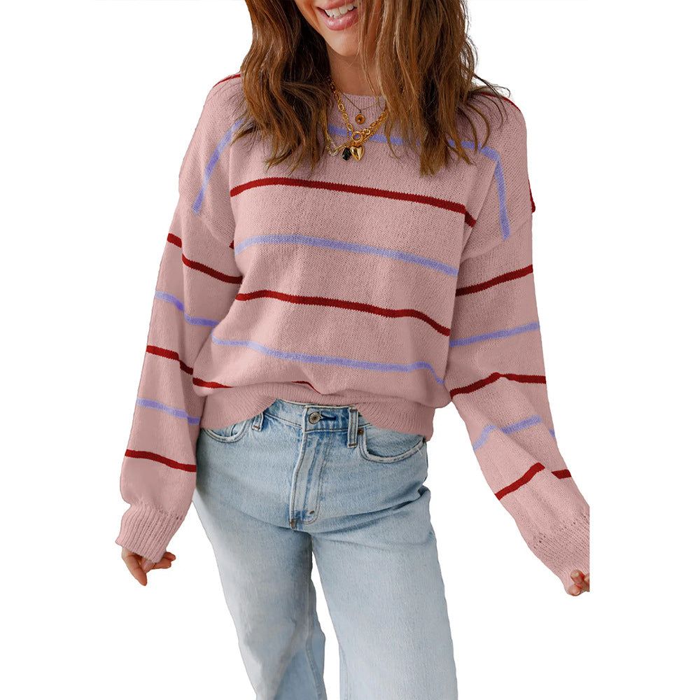 Women Casual Color Striped Pullover Long Sleeve Loose Sweater