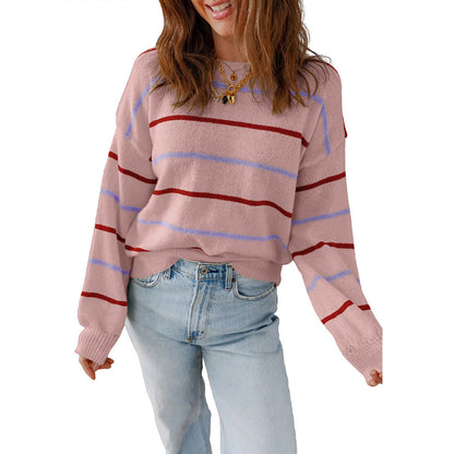 Women Casual Color Striped Pullover Long Sleeve Loose Sweater