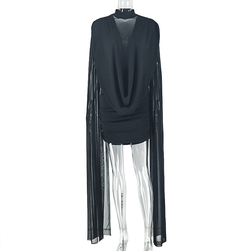 Solid Color Breathable Women Pleated Holiday Hip Dress Slim Stand Collar Summer Short Dress
