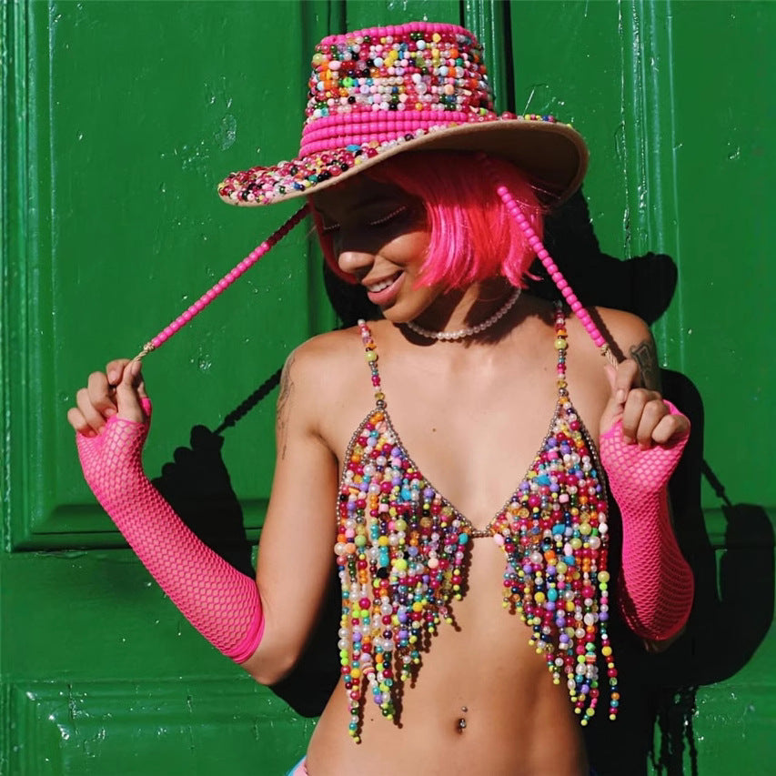 Women Clothing Colorful Beautiful Handmade Beaded Beaded Bra Halter Pearl Vest