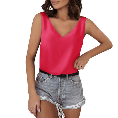 Solid Color Satin Vest V neck Casual Camisole Sleeveless Shirt Summer Basic