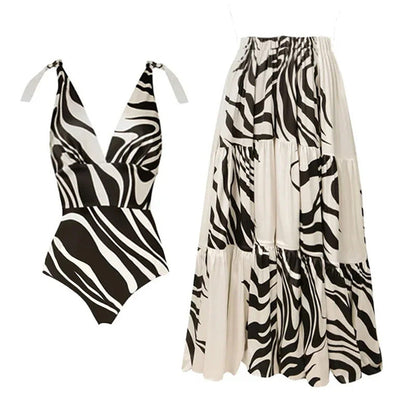 Bow Bandage One Piece Swimsuit Women Beach Vacation Two Piece Sets Skirt