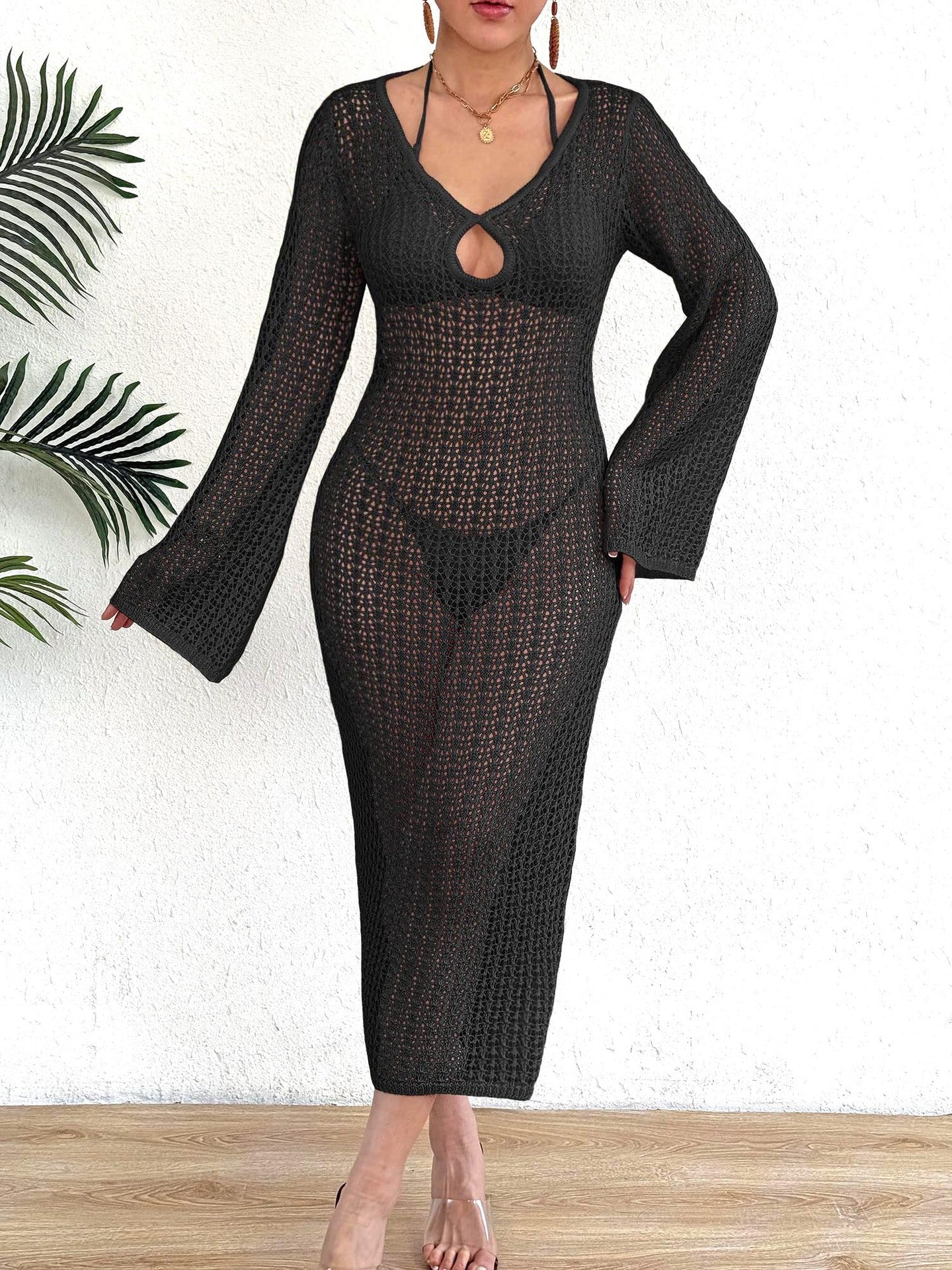 Women Clothing Hollow Out Cutout out See through Mesh Front Deep V Plunge neck Slim Beach Dress Sun-Proof Vacation Blouse