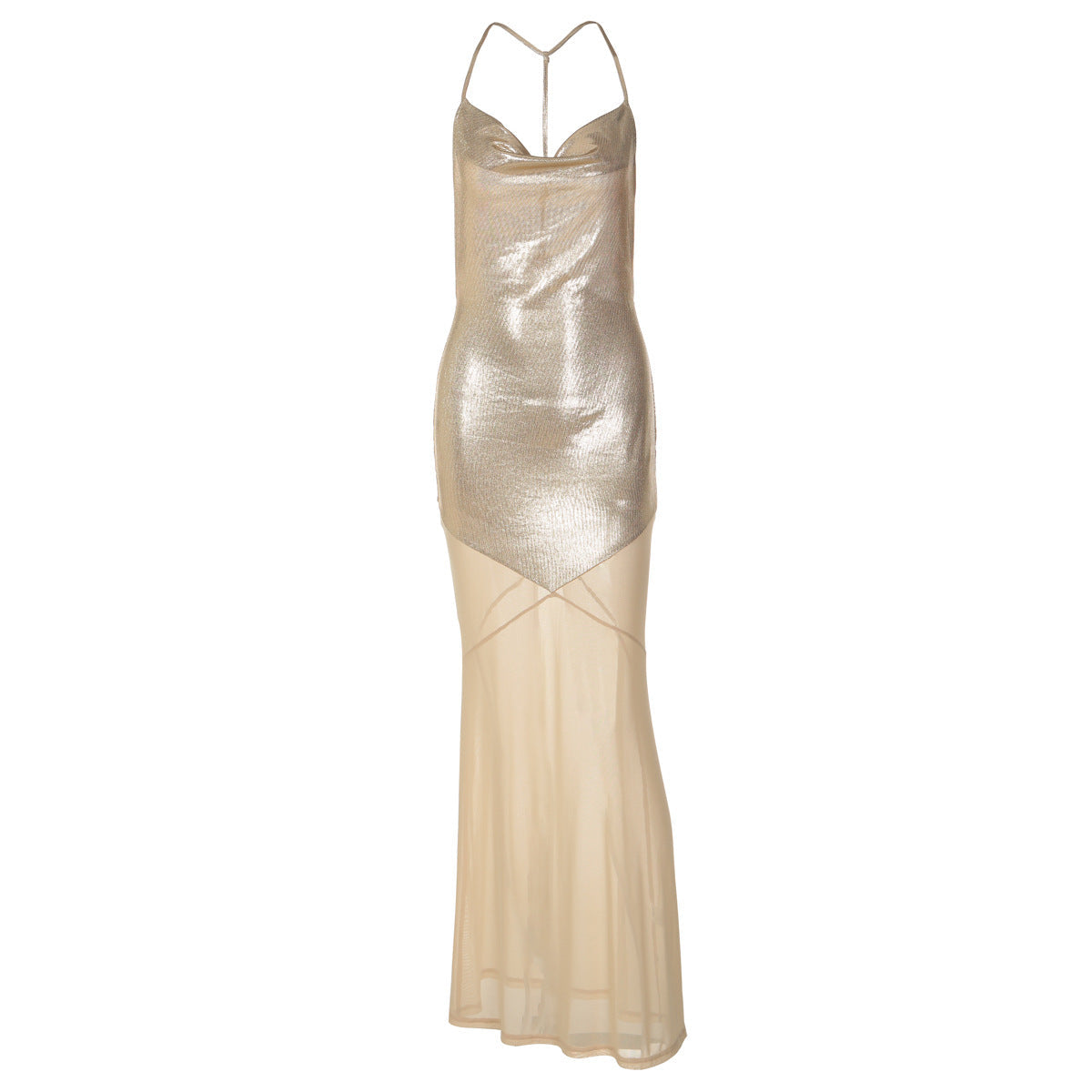 Women Summer Mesh Stitching Bronzing Dress Sexy Sling Backless Dress Women