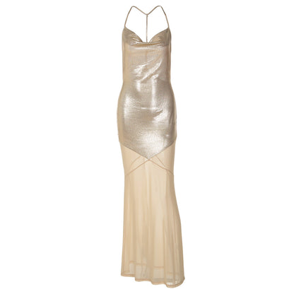 Women Summer Mesh Stitching Bronzing Dress Sexy Sling Backless Dress Women