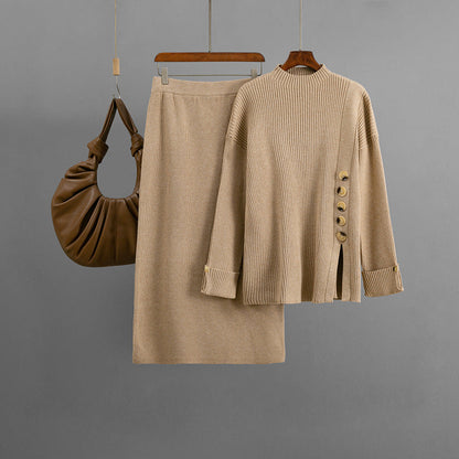 Women Autumn Winter Side Slit Fastener Decoration Sweater Skirt Two Piece Sets