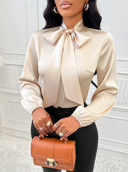 Women Clothing Autumn Satin Shirt Bow Long Sleeve Top
