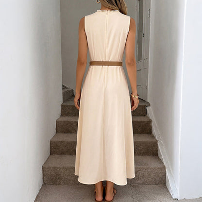 Simple Elegant Beaded round Neck Cinched Sleeveless Dress