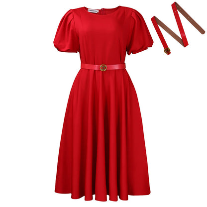 Women Clothing round Neck Puff Sleeve High Waist Dress