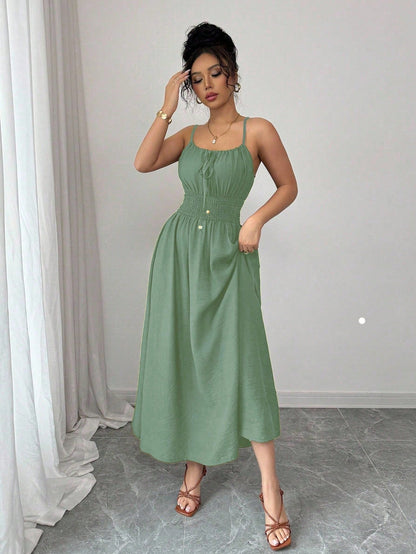 Design Tube Top Sleeveless Pleated Waist Solid Color Suspender Women Dress