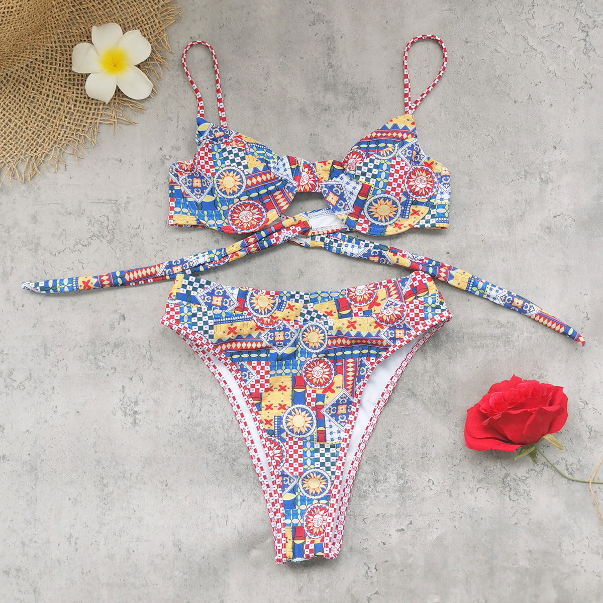 High Slit Triangle Split Swimsuit Women Vintage Floral Bikini Sexy Bikini