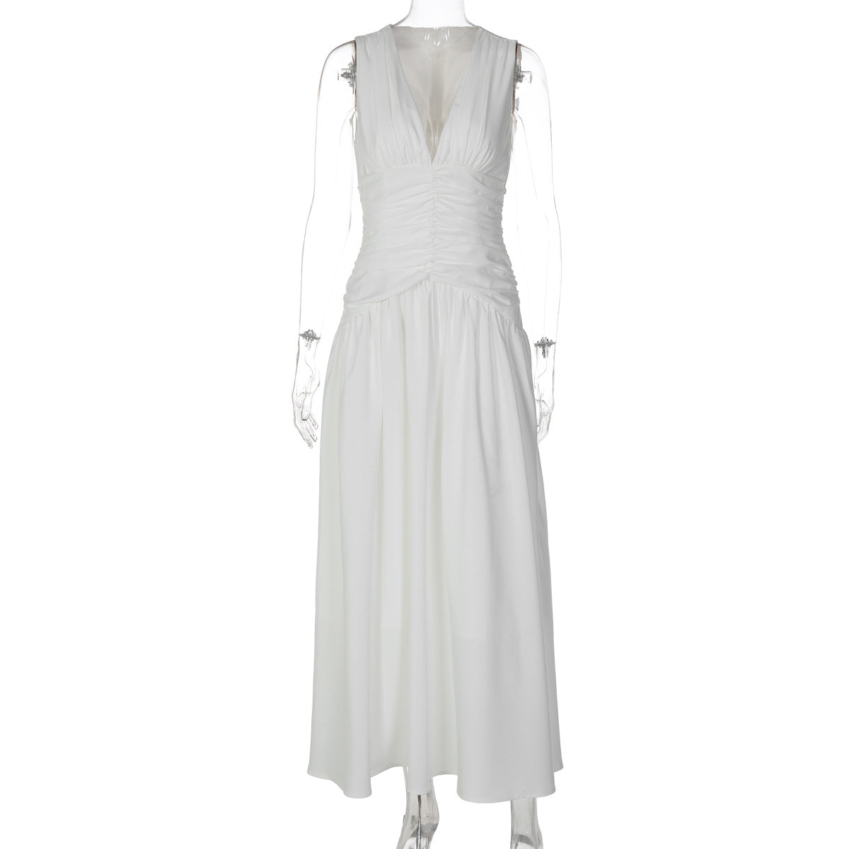 French Sexy V Neck Waist Cinching Pleated A Line Long Elegant Women Dress