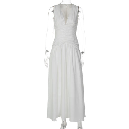 French Sexy V Neck Waist Cinching Pleated A Line Long Elegant Women Dress