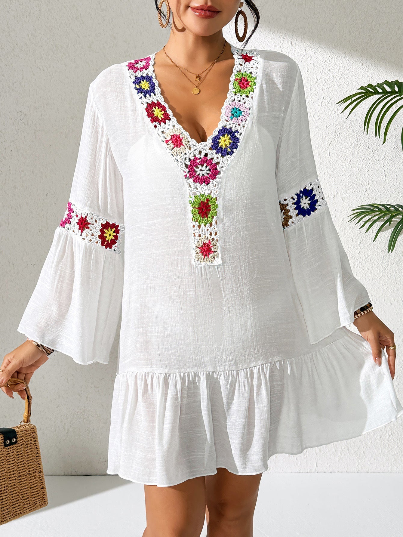 Ladies National Holiday Beach Dress Women Ruffled Stitching Random Mixed Color Crochet V neck Dress