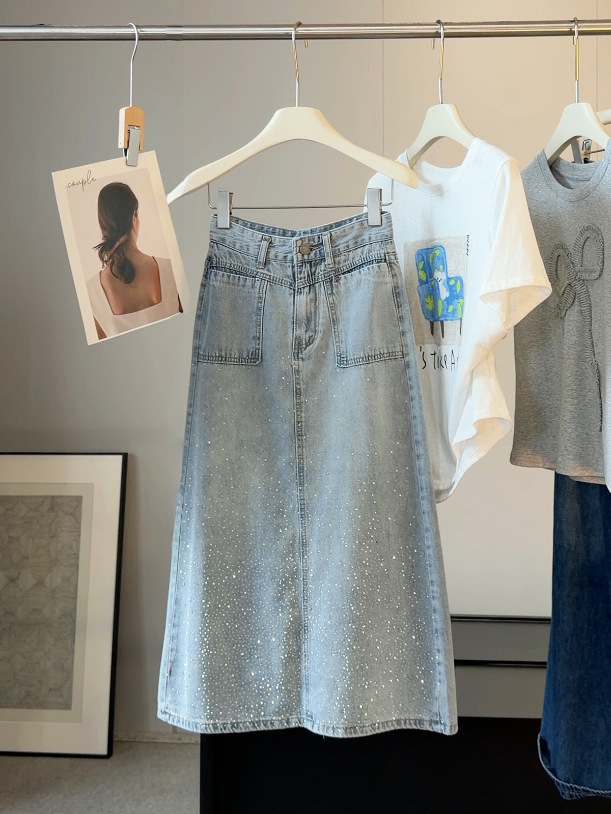 Popular Light Blue Rhinestone Denim Skirt Women Summer High Waist Slimming A line Midi Skirt