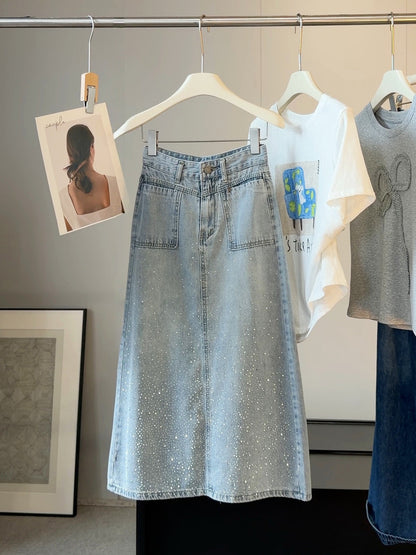 Popular Light Blue Rhinestone Denim Skirt Women Summer High Waist Slimming A line Midi Skirt