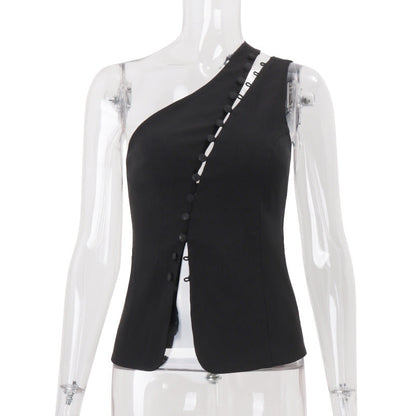 Women Clothing Summer Diagonal Collar Hooks Sexy Sleeveless Vest