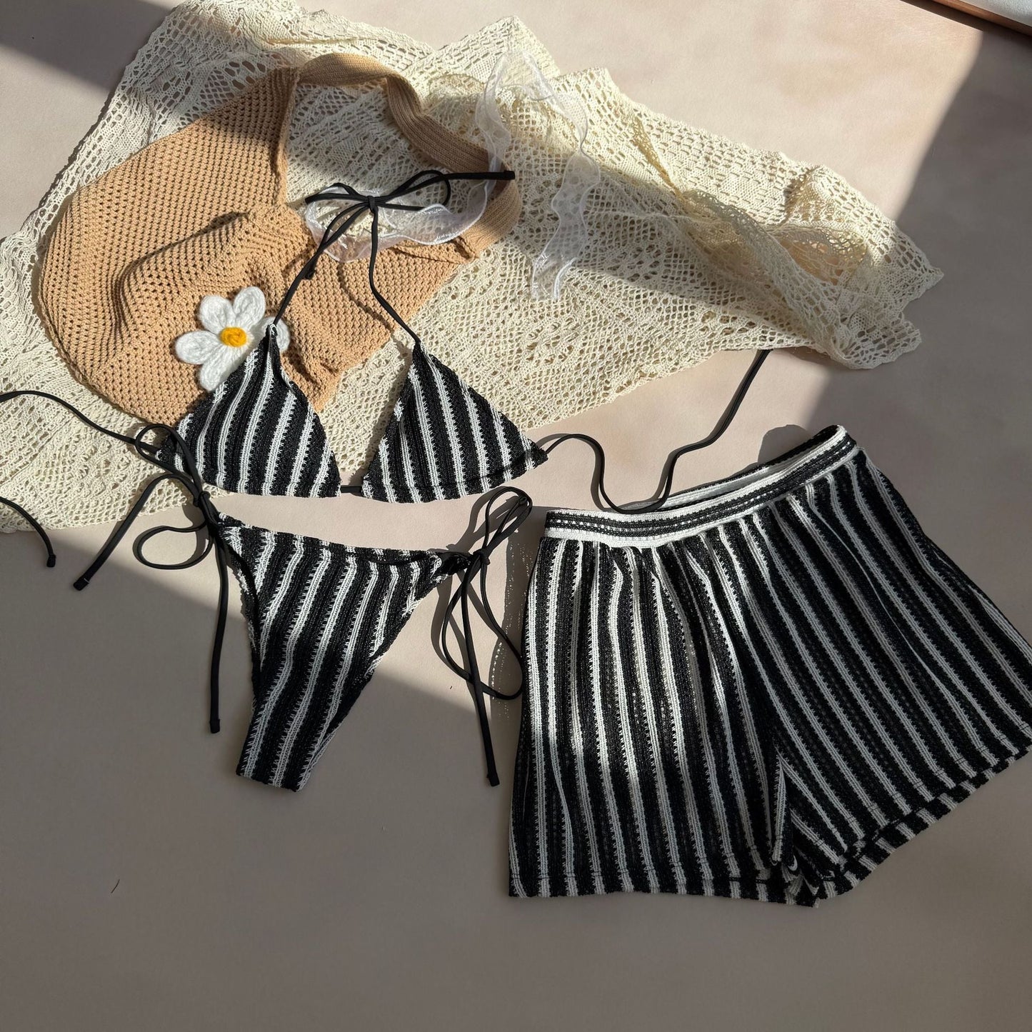 Sexy Lace up Striped Three Piece Swimsuit Bikini
