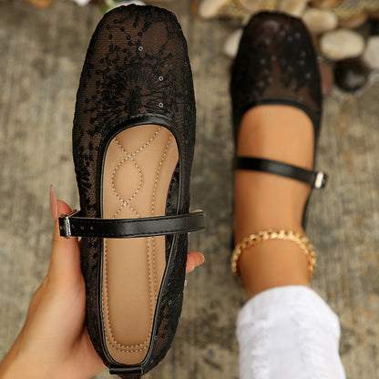 Mesh Breathable Low Top Shoes Women Vintage Mary Jane Flat Shallow Belt Buckle Loafers