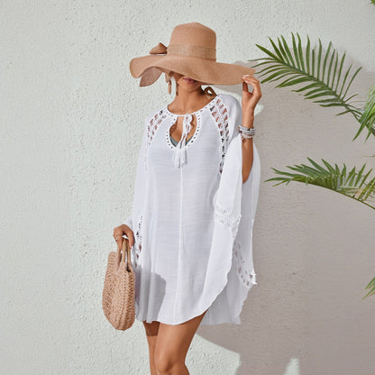 Women Bow Tie Pullover Bikini Swimsuit Blouse Solid Color Loose Sun Proof Clothes
