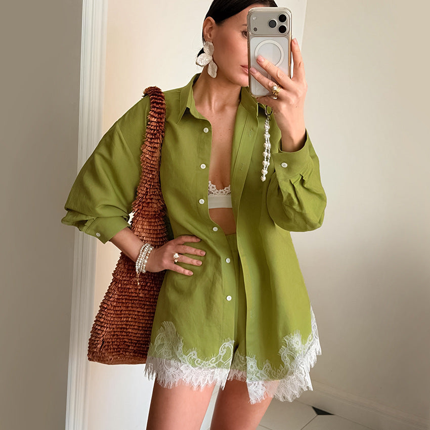 Retro Design Women Long Sleeve Collared Lace Stitching Shirt Shorts Casual Two Piece Sets