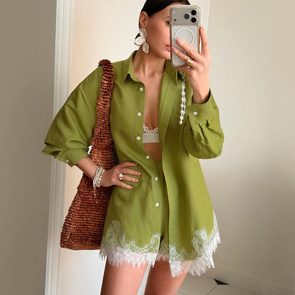 Retro Design Women Long Sleeve Collared Lace Stitching Shirt Shorts Casual Two Piece Sets