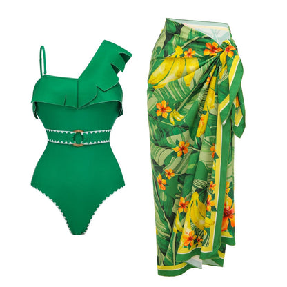 Swimsuit Green One Shoulder Ruffled Design One Piece Swimsuit Women