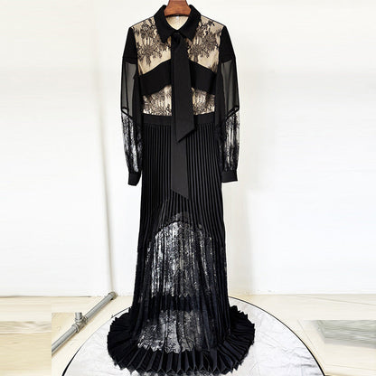 Spring Summer Star Lace Stitching Pleated Maxi Dress Floor Length Dress