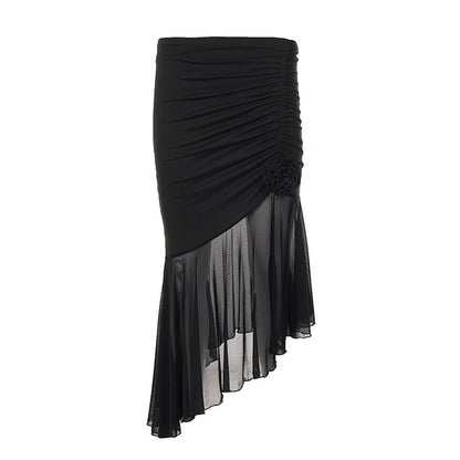 Sexy Sheer Mesh Stitching Irregular Asymmetric Skirt Street Pleated Midi Skirt for Women