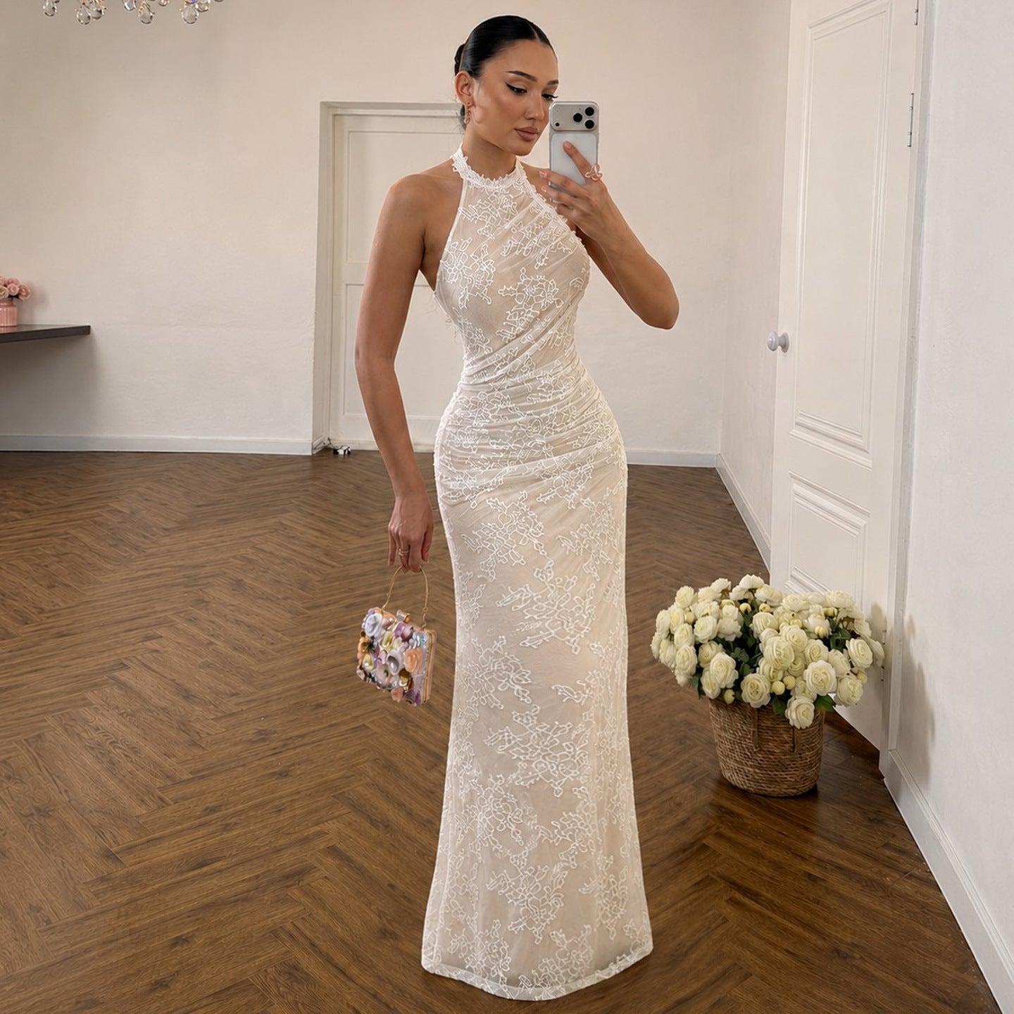French Elegant Lace Stitching Ruffle Fitted Waist Backless Halter Dress Sexy Slim Vest Maxi Dress for Women