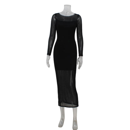 Women round Neck Long Sleeve Slim Fit Figure Flattering Dress Sexy Mesh Stitching Red Carpet Dress