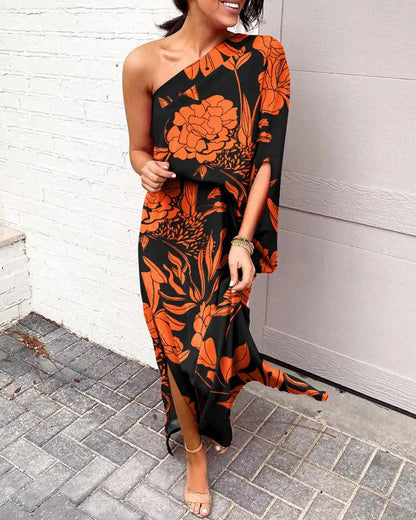 Women Clothing Dress Sexy Oblique Shoulder Elegant Single Side Sleeve Dress for Women