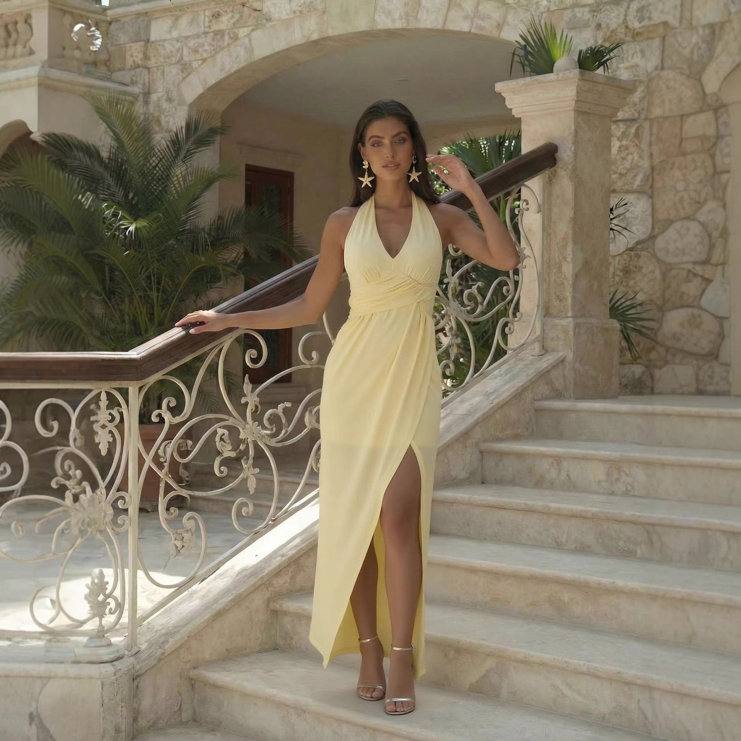 Summer Yellow Slit Backless Dress Advanced Halter Formal Dress Cocktail Evening Dress