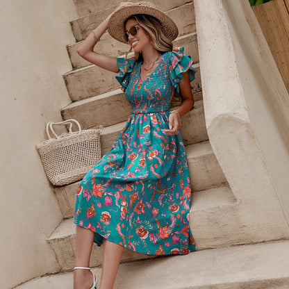 Women Clothing Dress Spring Summer Floral Print V neck Short Sleeve Waist Controlled Dress