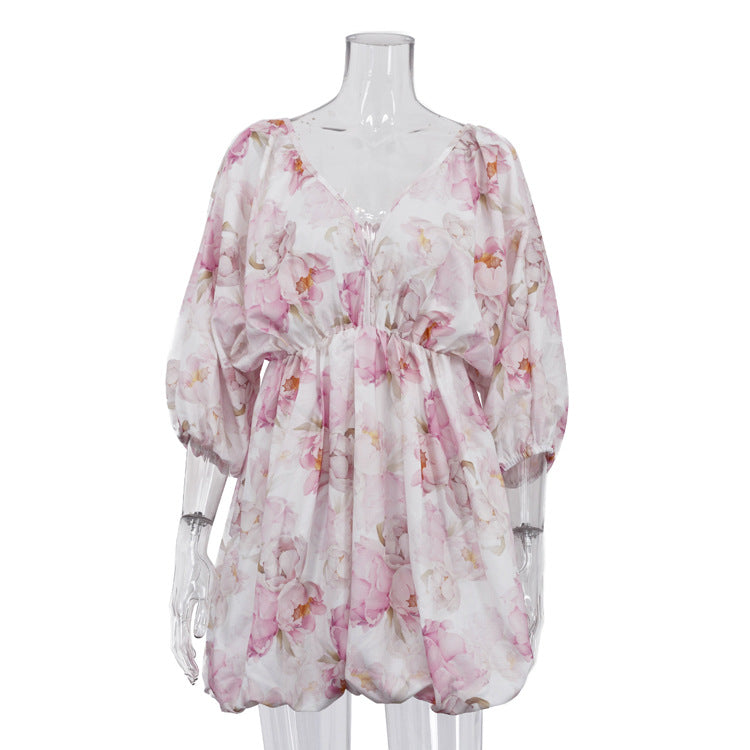 Printed Dress for Women Summer Sexy Backless V neck Puff Sleeve Tied High Waist A line Dress
